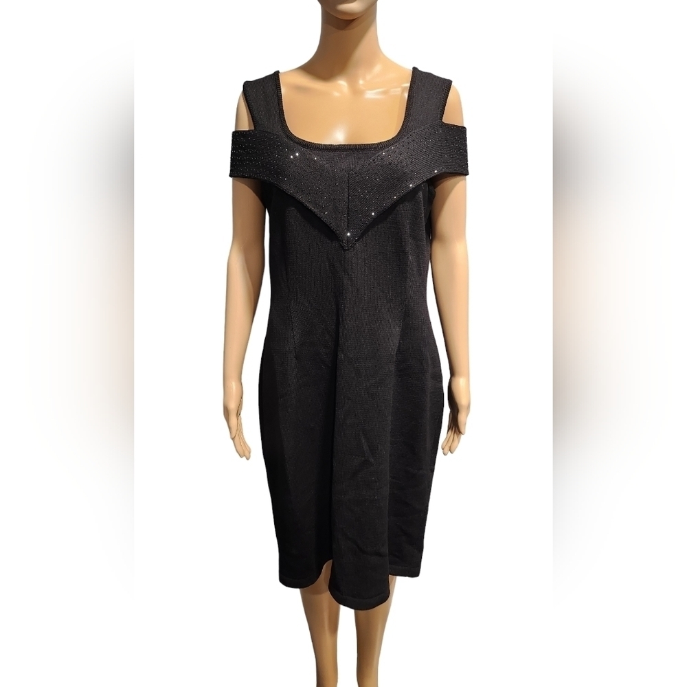 Elana Collection women's black wool knit rhinestone embellished cutout dress L